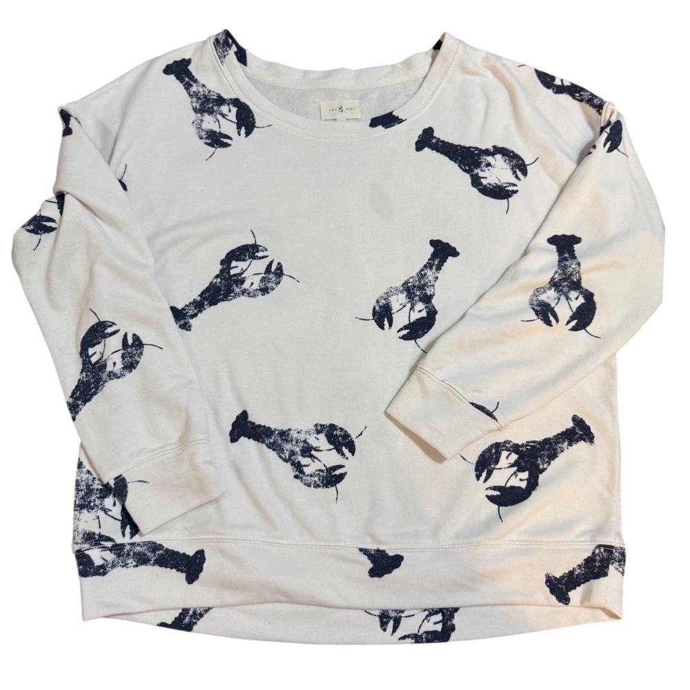 Lou & Grey White Navy Blue Lobster Print Sweatshirt Relaxed Crew Neck Cotton L - Picture 5 of 9